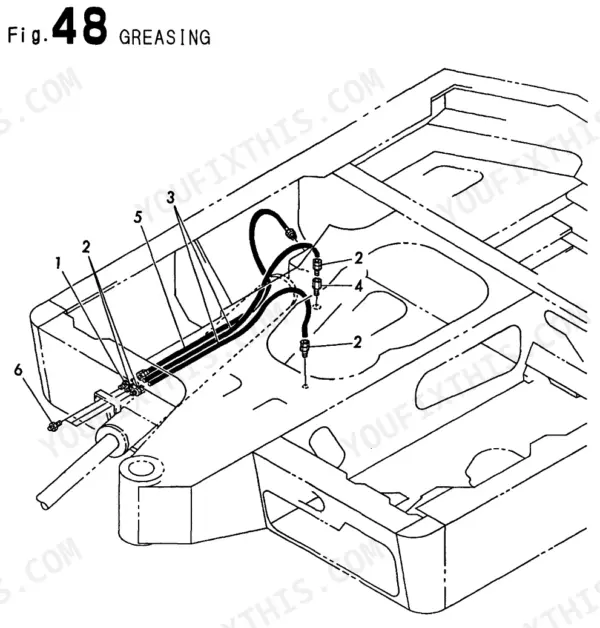 Yanmar B22-2B, 3TNE78A - B1: Fig 48 greasing diagram showing grease lines, fittings, and hoses on the excavator frame.