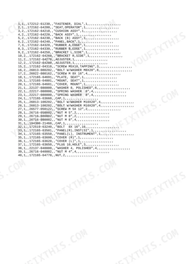 Yanmar B22-2B, 3TNE78A - B1 parts list for operator seat, mounting brackets, and instrument panels.