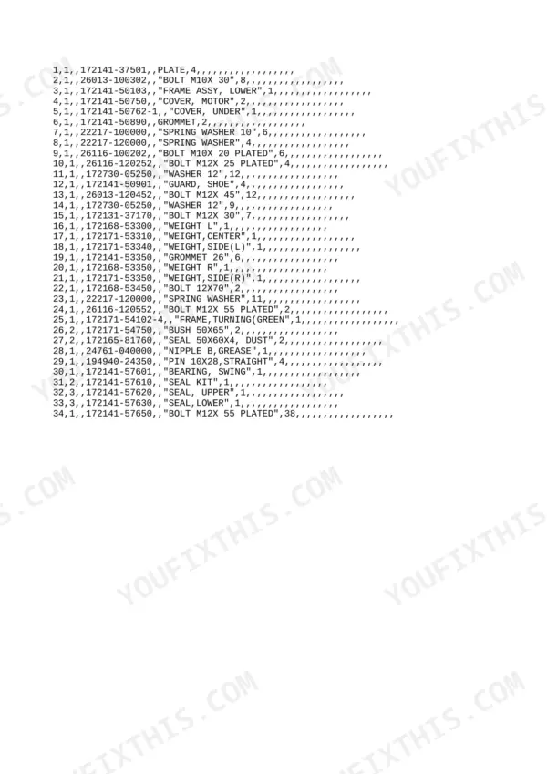 Yanmar B22-2B, 3TNE78A - B1 parts list for frame, weights, and swing bearing components with part numbers and quantities.