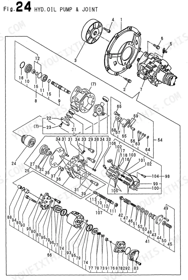 Yanmar B22-2B, 3TNE78A - B1: Exploded view diagram of hydraulic oil pump and joint assembly with numbered components.