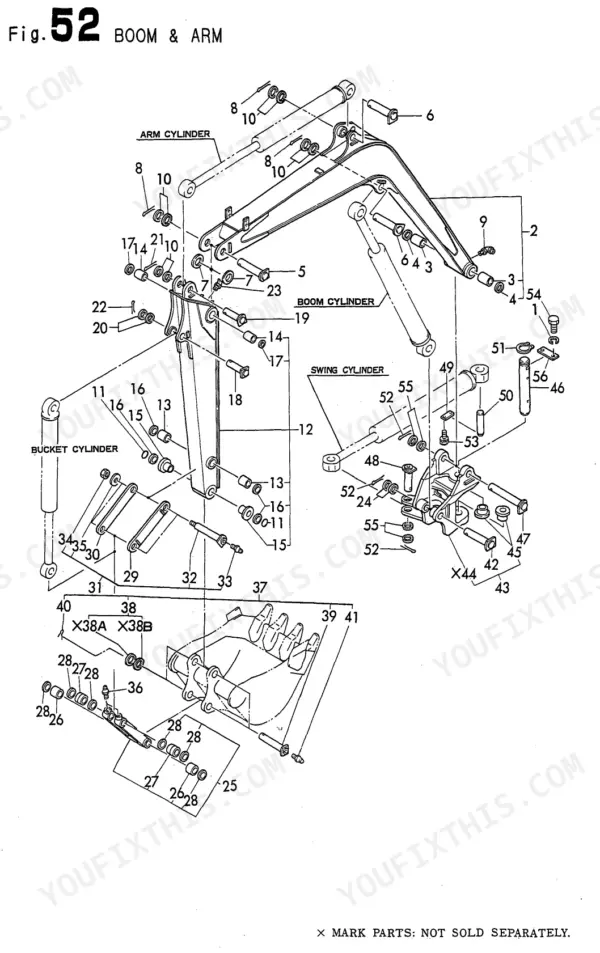 Yanmar B22-2C AY - 1, B22-2CR AY - 1, B22-2P AY - 1, B22-2PR AY - 1 exploded view diagram of boom, arm, and bucket cylinders.