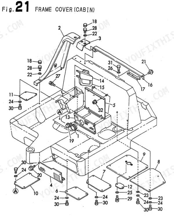 Yanmar B22-2C AY - 1, B22-2CR AY - 1, B22-2P AY - 1, B22-2PR AY - 1 exploded view of cabin frame cover and floor panels.