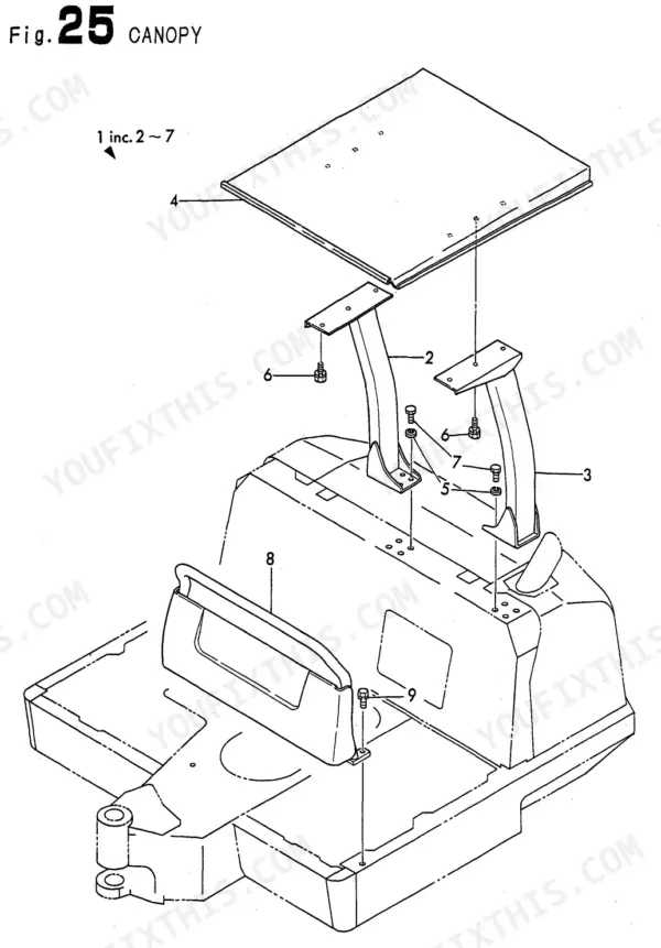 Yanmar B22-2C AY - 1, B22-2CR AY - 1, B22-2P AY - 1, B22-2PR AY - 1 exploded view diagram of the canopy assembly.