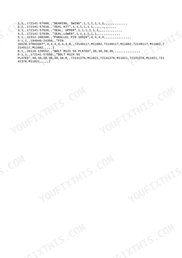 Yanmar B22, B22-P[R], B22[R], 3TN75L-RBVM parts list for swing bearing, seals, pins, and M12 bolts.