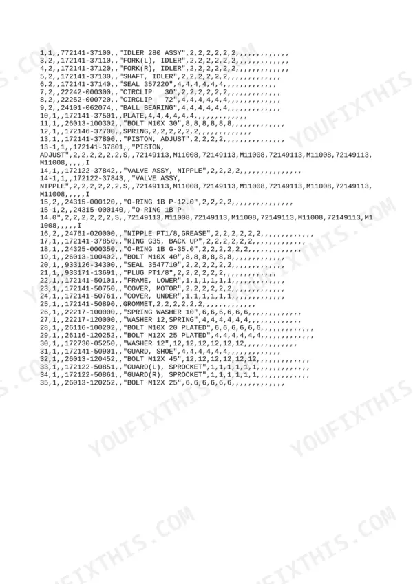 Yanmar B22, B22-P[R], B22[R], 3TN75L-RBVM, 3TN75L-RB, 3TN75L-RBVM(Q19830A), YANMAR CRAWLER BACHOE parts list for idler assembly.