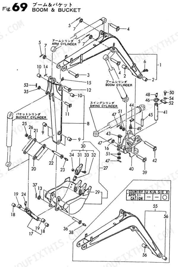 Yanmar B22, B22-P(R), B22-C(R), 3TN75L-RBVM, 3TN75L-RB, YANMAR CRAWLER BACKHOE exploded view of boom, arm, bucket, and cylinders.