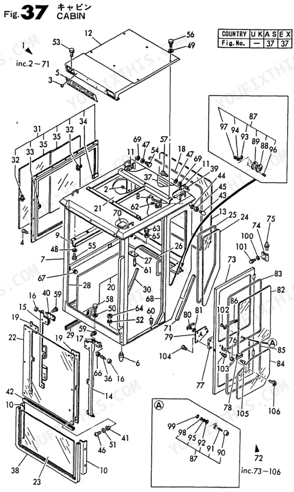 Yanmar B22, B22-P(R), B22-C(R), 3TN75L-RBVM, 3TN75L-RB, YANMAR CRAWLER BACKHOE exploded view of cabin assembly and glass parts.