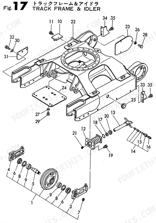 Yanmar B22, B22-P(R), B22-C(R), 3TN75L-RBVM, 3TN75L-RB, YANMAR CRAWLER BACKHOE exploded view of track frame and idler assembly.