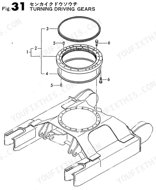 Yanmar B22, B22-P(R), B22-C(R), 3TN75L-RBVM, 3TN75L-RB, YANMAR CRAWLER BACKHOE exploded view of turning driving gear assembly.