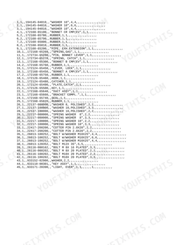 Yanmar B27-2 parts list table showing bonnet, rubber, pipe, and hardware components with part numbers.
