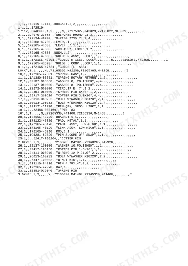 Yanmar B27-2 parts list for control lever, lock, and pedal assembly components with part numbers and descriptions.