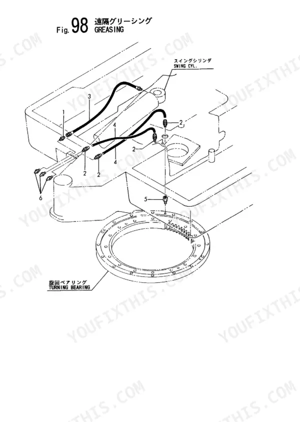 Yanmar B27-2A Fig 98 exploded view of remote greasing system showing swing cylinder and turning bearing components.