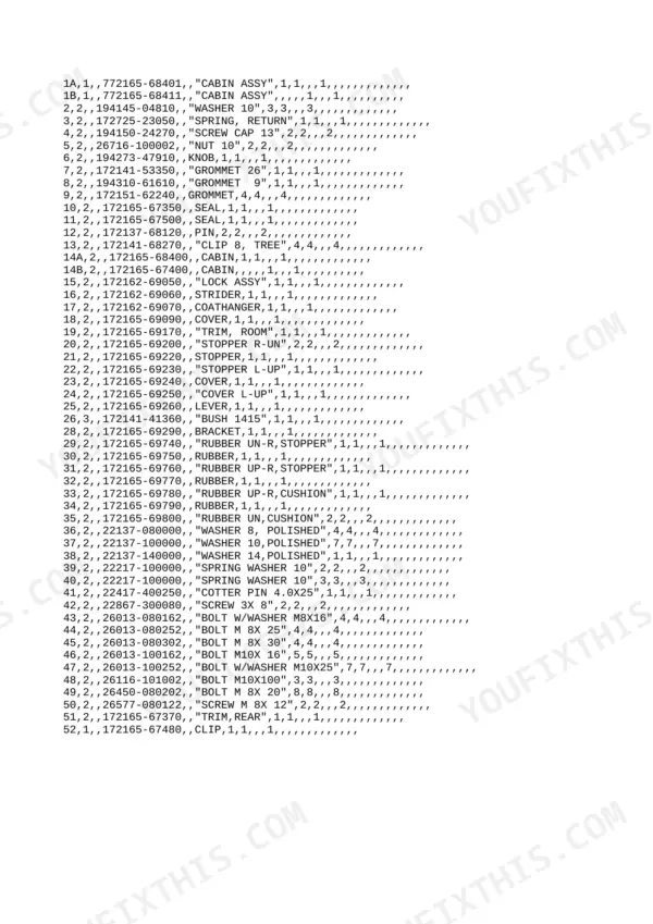 Yanmar B27-2A parts list for cabin assembly, including grommets, seals, stoppers, and hardware fasteners.