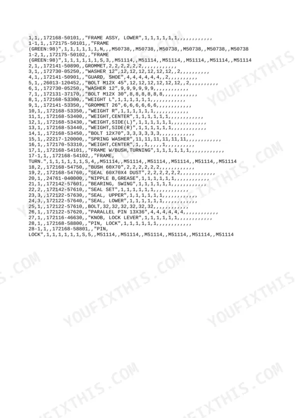 Yanmar B27-2A parts list for frame assembly, weights, and swing bearing components with part numbers and descriptions.