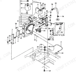 Yanmar B27-2A exploded view diagram of the radiator and mount assembly including hoses, reservoir, and support brackets.