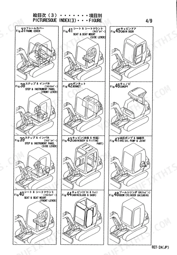 Yanmar B27-2A parts catalog picturesque index showing cabin, seat, instrument panel, and hydraulic pump components.