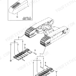 Yanmar B27-2B exploded view diagram of crawler track assembly, including rubber crawler, track links, pins, and bushings.