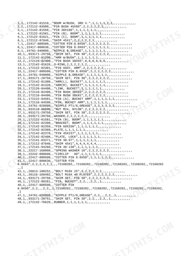 Yanmar B27-P(R), B27-C(R), B27, 3TN84L-RBS parts list for boom, arm, and bucket pins, bushings, and grease nipples.