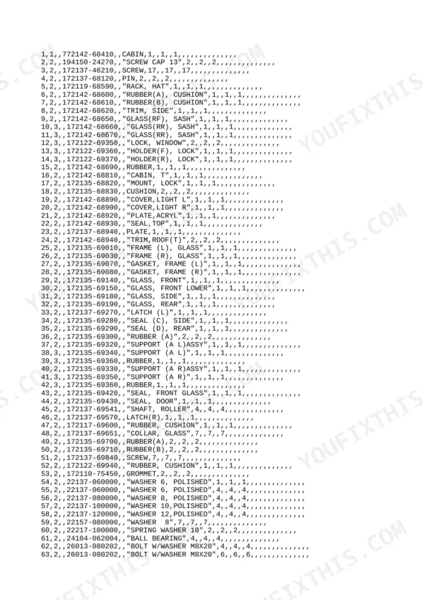 Yanmar B27-P(R), B27-C(R), B27, 3TN84L-RBS parts list for cabin glass, seals, latches, and mounting hardware.