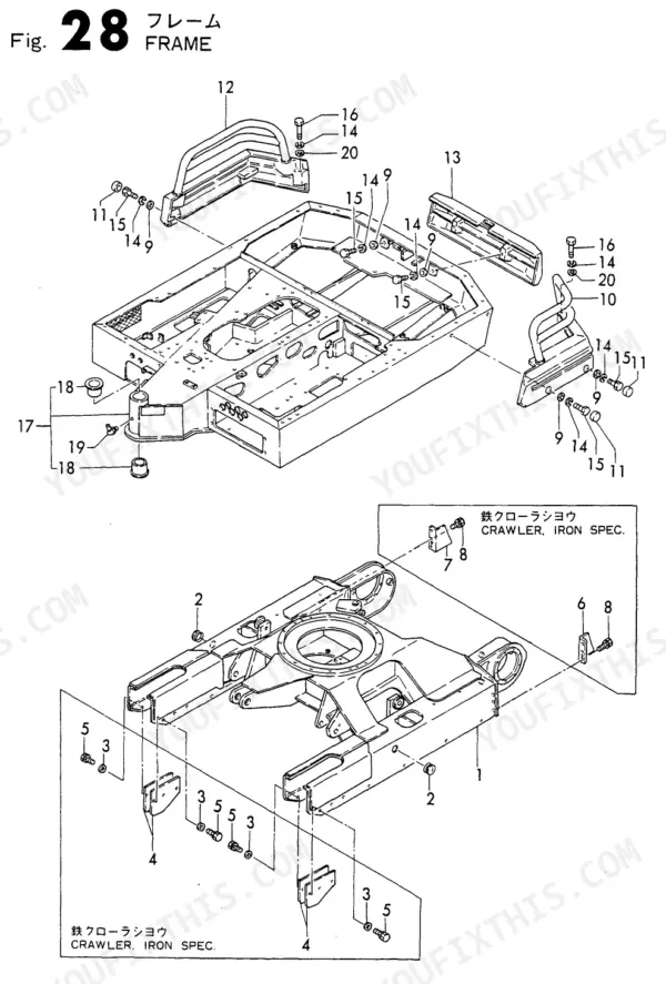 Yanmar B27-P(R), B27-C(R), B27, 3TN84L-RBS exploded view diagram of the main frame and crawler iron spec components.