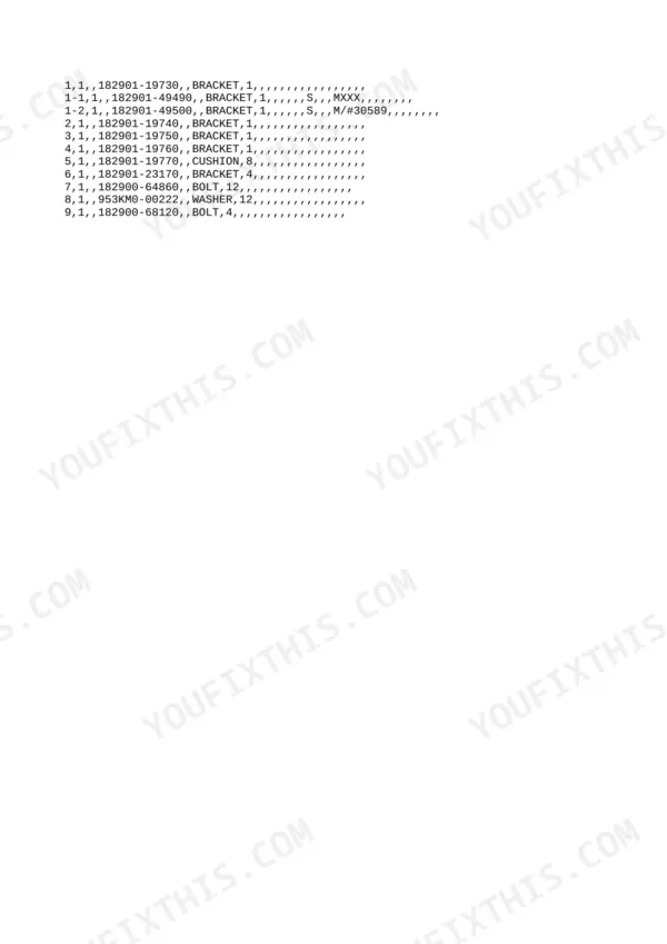 Yanmar B2U-1 parts list showing brackets, cushions, bolts, and washers with part numbers 182901-19730 through 182900-68120.