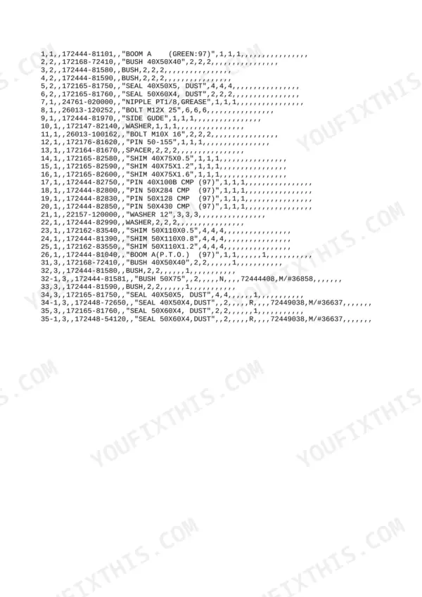 Yanmar B3-3 P, B3-3A P, B3-3A C parts list for boom assembly including pins, bushings, seals, shims, and bolts.