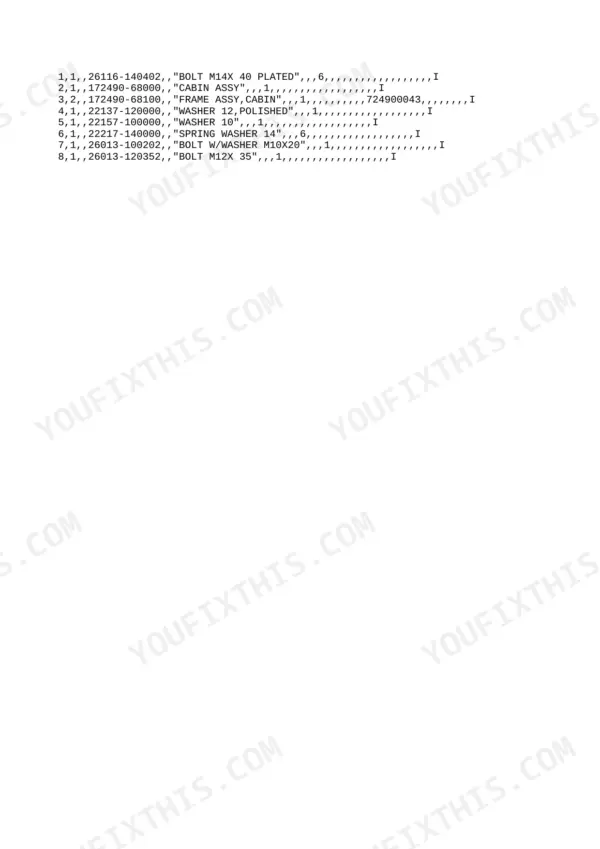 Yanmar B3-3 P, B3-3A P, B3-3A C parts list for cabin assembly, including bolts, washers, and frame assembly components.