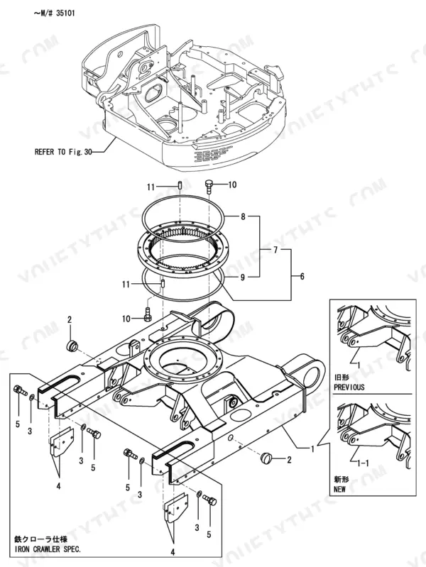 Yanmar B3-3 P, B3-3A P, B3-3A C exploded view of swing bearing, frame, and iron crawler spec components.