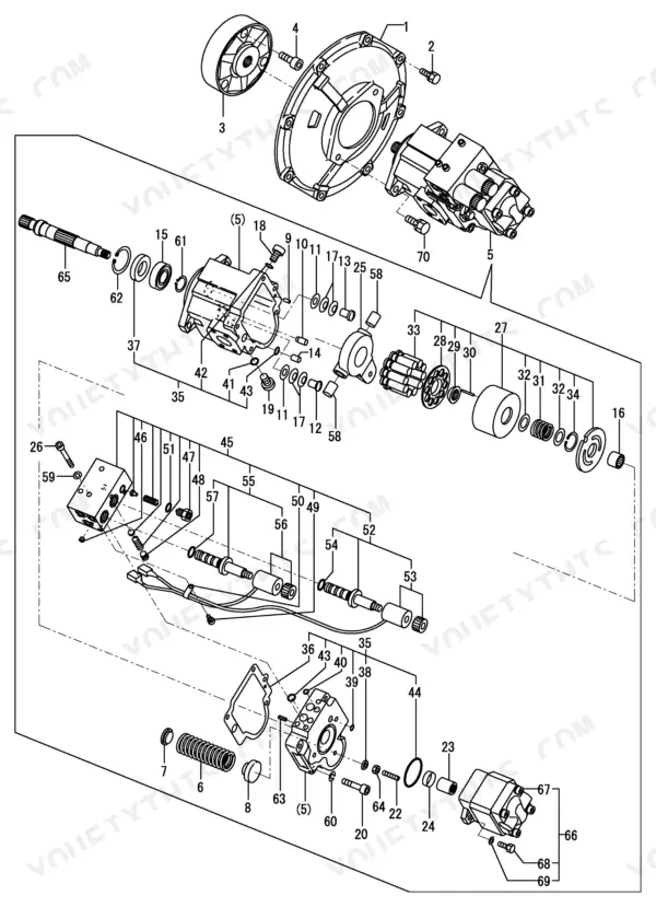 Yanmar B3-3 P, B3-3A P, B3-3A C hydraulic pump exploded view showing internal components, pistons, and valve assembly.