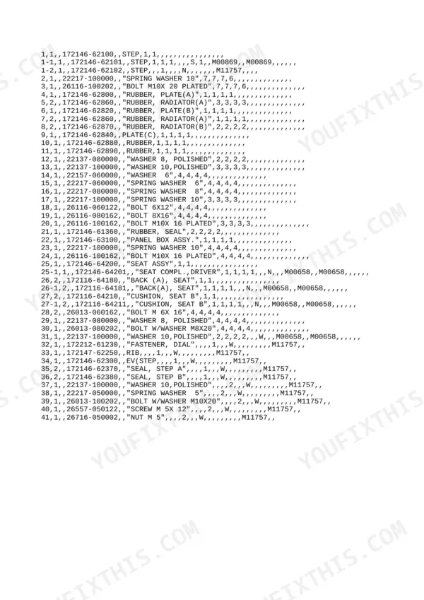 Yanmar B3, B3-1, B3-2, B3-P, B3-PR, Yanmar Crawler Backhoe B3, B3(R), B3(R) MULTI, B3(R) PLT, B3(R) PLT, MC, B3-2(R) PLT, B3-2(R) PLT, M, 3TN84L-RBA parts list for steps, radiator rubber, and seat assembly components.