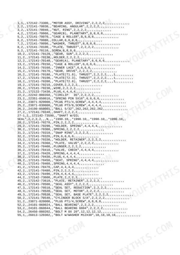 Yanmar B3, B3-1, B3-2, B3-P, B3-PR, Yanmar Crawler Backhoe B3, 3TN84L-RBA parts list for driving motor assembly components.