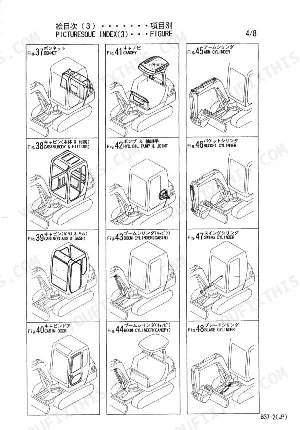 Yanmar B37-2 C(R)F, B37-2 C(R)S, B37-2 P(R)F, B37-2 P(R)S, B37-2 C(R)EX, B37-2 P(R)EX pictorial index of cabin and cylinders.