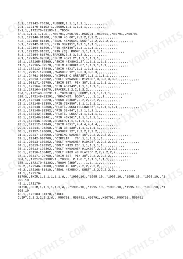 Yanmar B37-2A parts list for boom components including pins, bushings, shims, seals, and bolts with part numbers.
