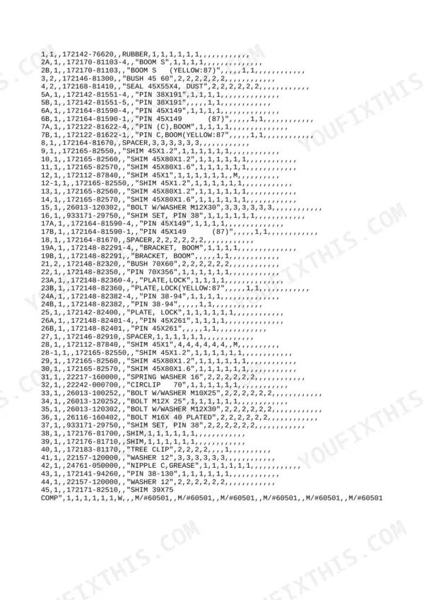 Yanmar B37-2B, 3TNE88-B1 parts list for boom assembly, including pins, shims, bolts, and bushings.