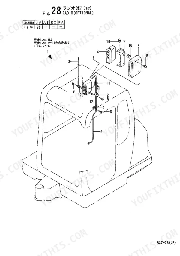 Yanmar B37-2B, 3TNE88-B1 exploded view diagram of the optional radio installation and wiring inside the cabin.