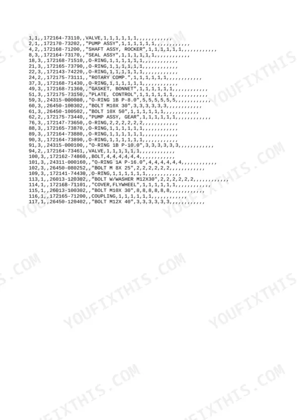 Yanmar B37-2B, 3TNE88-B1 parts list showing valves, pump assemblies, rocker shafts, O-rings, and flywheel cover bolts.