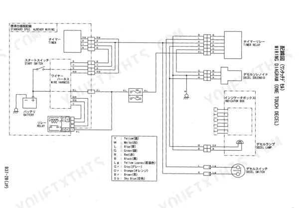 Yanmar B37-2B, 3TNE88-B1 wiring diagram for one-touch decel system including timer, relay, solenoid, and switch.