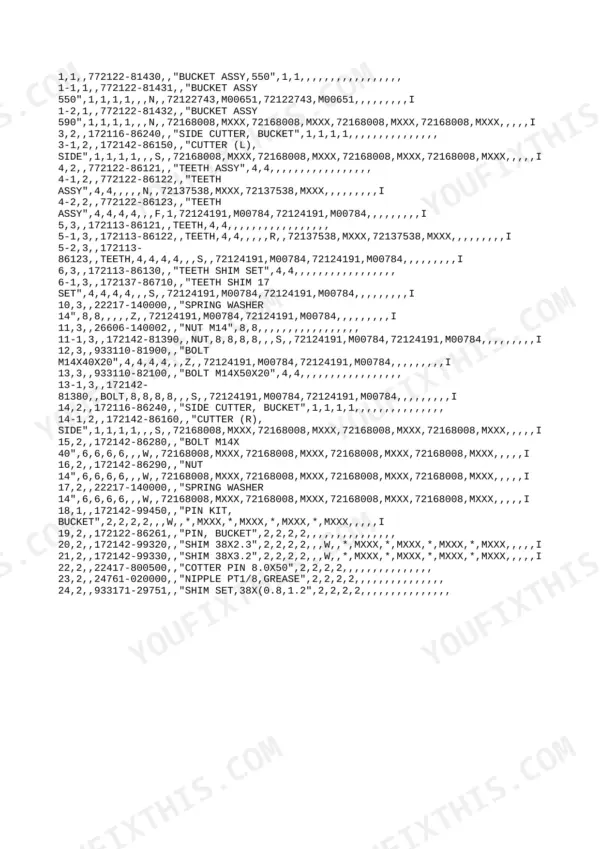 Yanmar B37-P, B37-PR, B37-C, B37-CR, YANMAR CRAWLER BACHOE parts list for bucket assembly, teeth, cutters, and pin kits.
