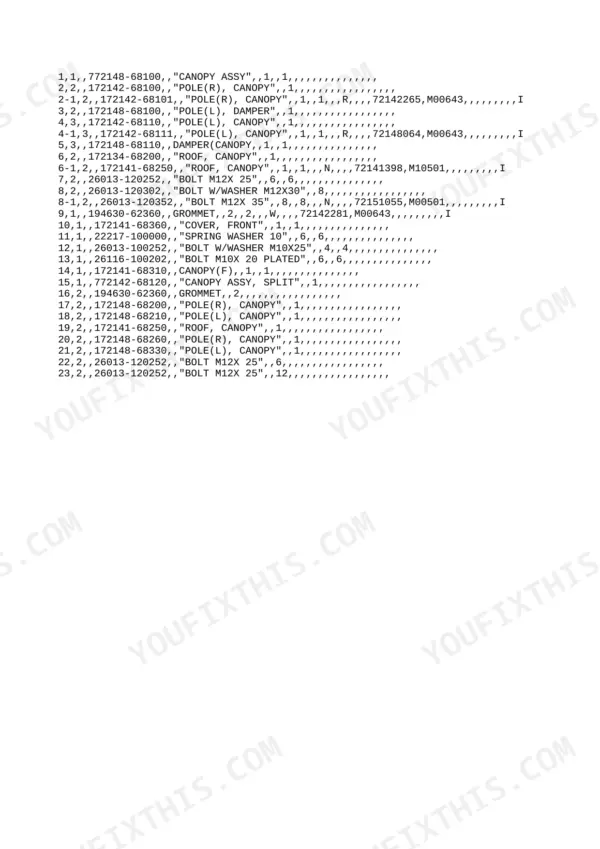 Yanmar B37-P, B37-PR, B37-C, B37-CR, YANMAR CRAWLER BACHOE parts list for canopy assembly, poles, roof, and hardware.