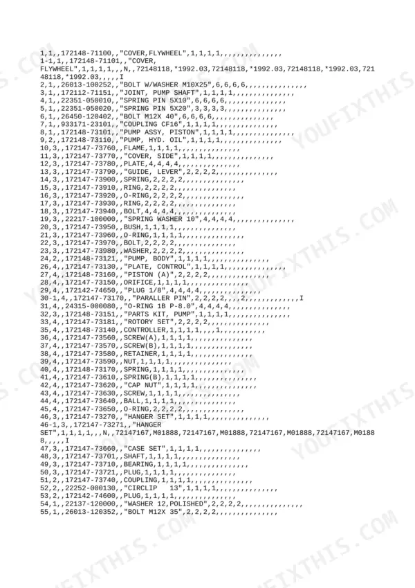Yanmar B37-P, B37-PR, B37-C, B37-CR, YANMAR CRAWLER BACHOE parts list for hydraulic pump assembly and components.