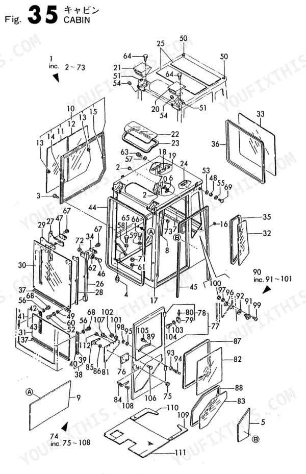 Yanmar B37C, B37CR, B37P, B37PR, B37OPTION, 3TN84L-RBS, B37 Ammann, B37 Europe: Exploded view diagram of cabin assembly parts.