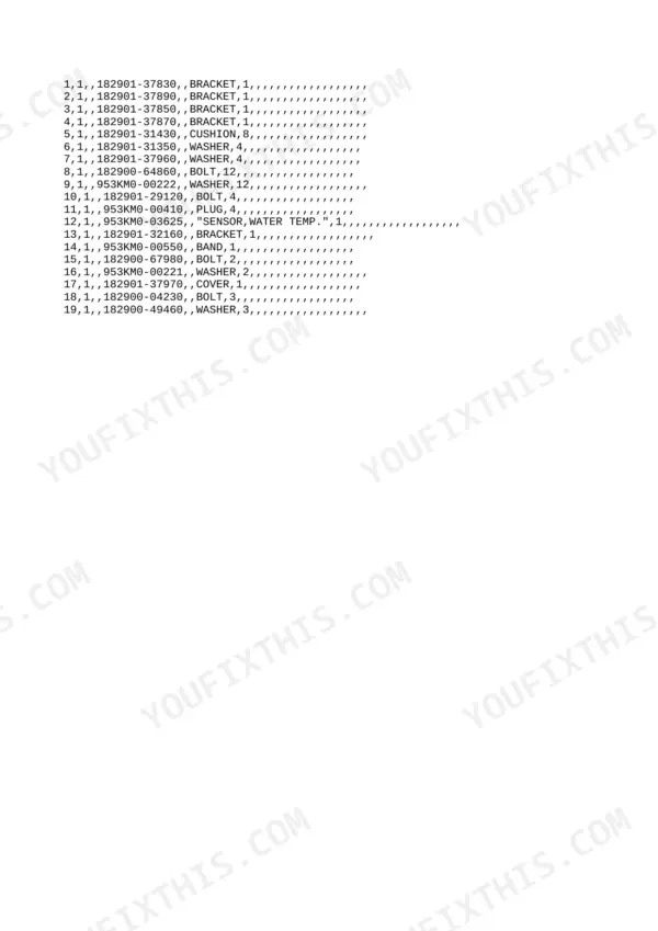 Yanmar B4U-1 parts list showing brackets, washers, bolts, and water temperature sensor component part numbers.