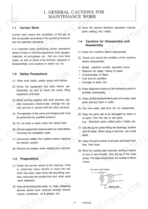 Yanmar B50-2, B50-2A service manual page covering general maintenance safety, disassembly, and reassembly procedures.