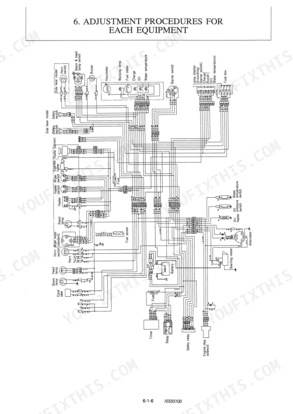 Yanmar B50-2, B50-2A electrical wiring diagram showing battery, starter motor, alternator, fuse box, and instrument panel.