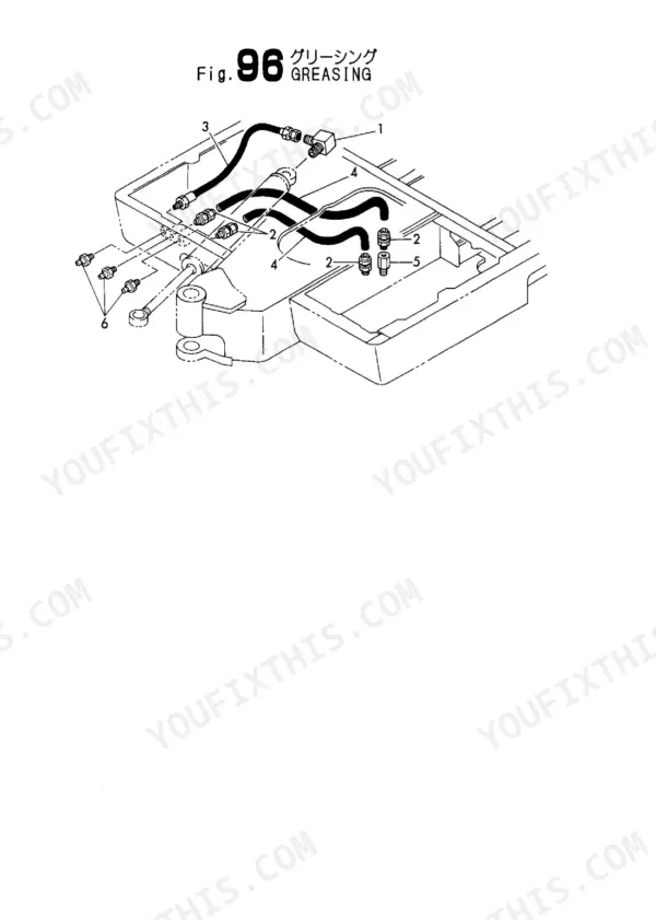 Yanmar B50-2 exploded view diagram of greasing system components, hoses, and grease nipples for boom assembly.