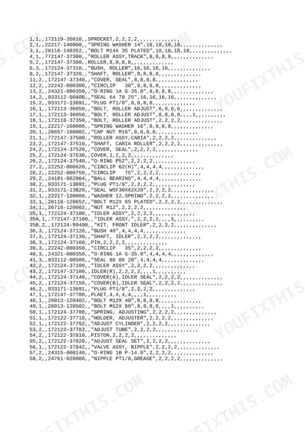 Yanmar B50-2 parts list for track roller, idler assembly, and adjuster components with part numbers and descriptions.