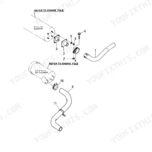 Yanmar B50-2 exploded view of inlet house, exhaust pipe, silencer, and air cleaner assembly components.