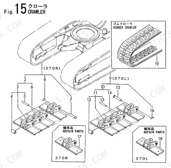 Yanmar B50-2B, B37-2(EP) crawler assembly exploded view showing rubber crawler, track links, pins, and repair parts.