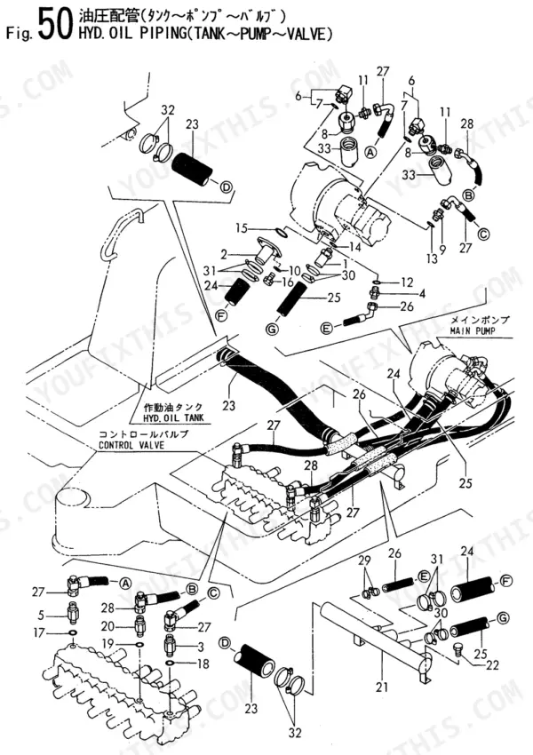 Yanmar B50-2B, B37-2(EP) hydraulic oil piping diagram showing tank, main pump, and control valve hose connections.