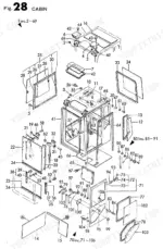 Yanmar B50, B50-1, B50-C[R], 4TN84L-RBD exploded view diagram of the cabin assembly, glass, and door components.